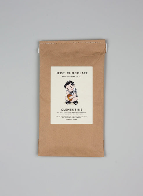 Heist Chocolate, clementine dark chocolate, front view.