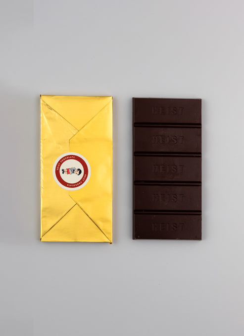 Heist Chocolate, clementine dark chocolate, inner foil view
