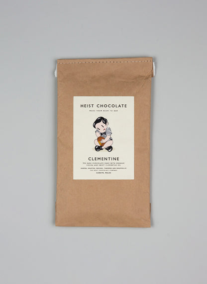 Heist Chocolate, clementine dark chocolate, front view.