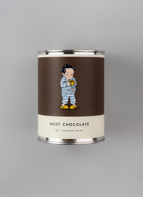 Heist Chocolate, drinking cocoa, front tin view
