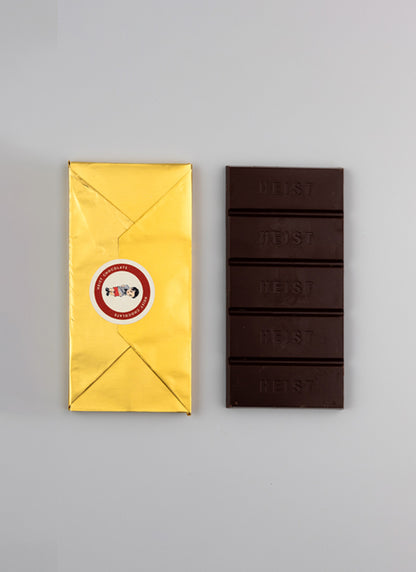 Heist Chocolate, clementine dark chocolate, inner foil view